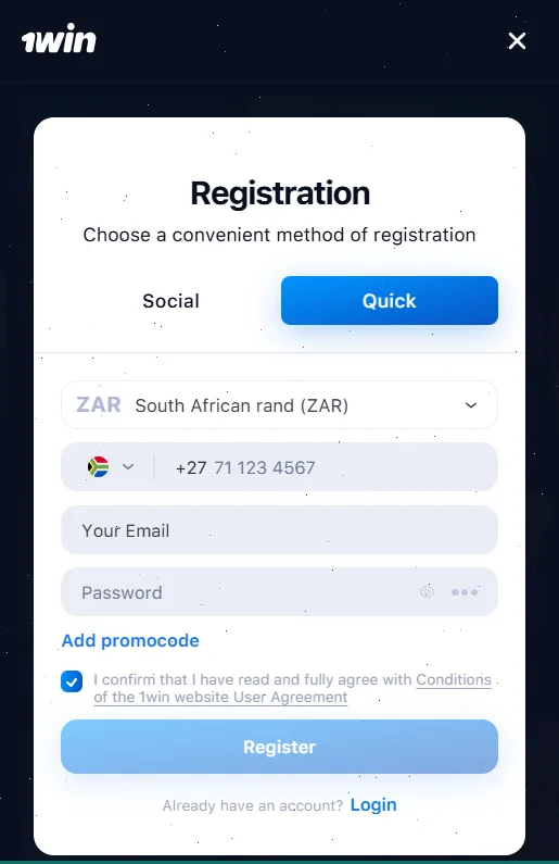 1Win registration form with South African rand (ZAR) selected, a +27 phone number field, email, password, an Add promocode link and a Register button